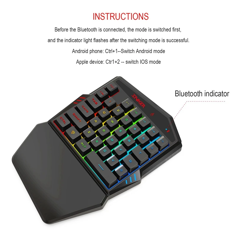 

K88 Ergonomic Multicolor Backlight One-Handed Game Keyboard Mouse Set Bluetooth Gaming Converter / Bluetooth Keyboard for PUBG