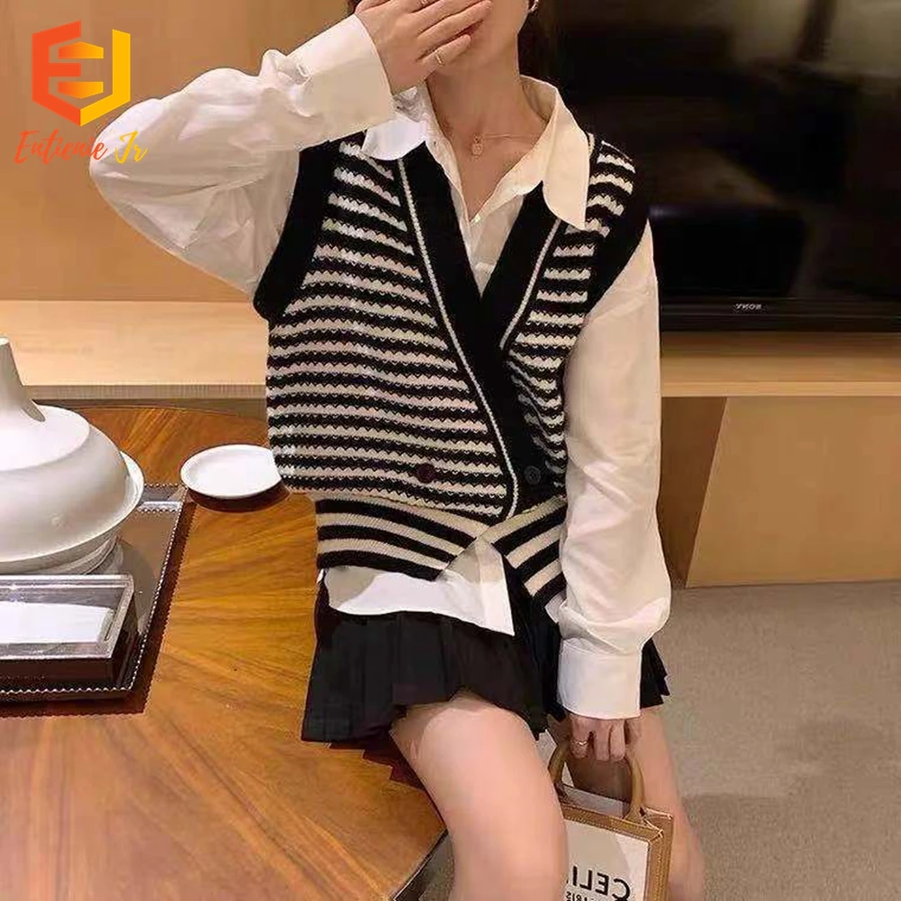 

ETIENNE JR Women Korean Loose Sweater Cardigan Winter 2021 New Black White Stripe Knit Jumpers Jackets Fall Trendy Fashion Vest