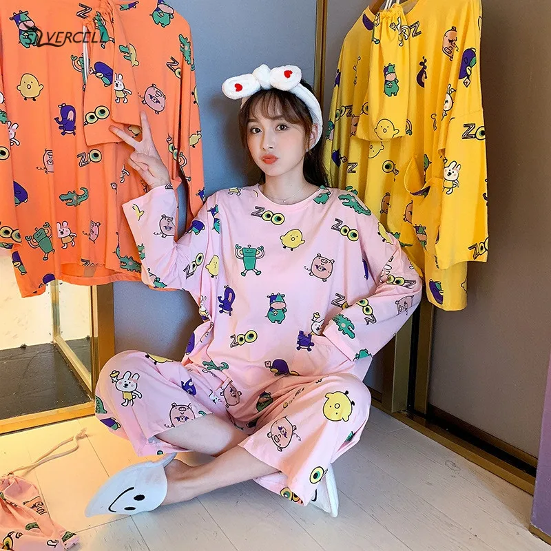 

2019 Autumn Winter Woman Pajama Set Cartoon Print Clothes Plus Size Loose Loungewear Cute Sleep Wear Soft Pajamas Homewear