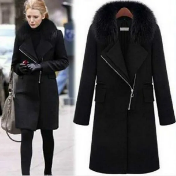 Женское зимнее теплое шерстяное пальто с меховым воротником куртка на молнии