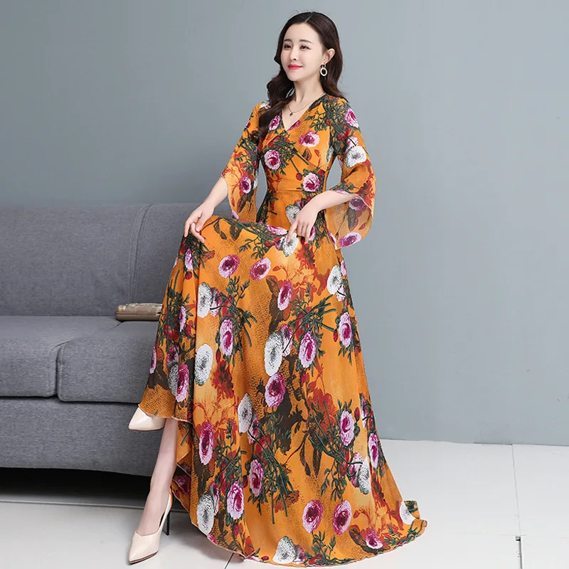 

Chiffon print dress 2021 summer new women's dress waist to show thin temperament to ankle-length long dress