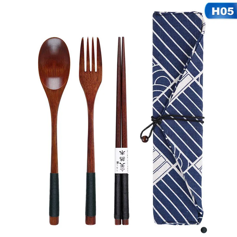 

Reusable Kitchen Tableware Set Travel Gift 3pcs with Cloth Bag Portable Wooden Cutlery Spoon Fork chopsticks Suit for Outdoor
