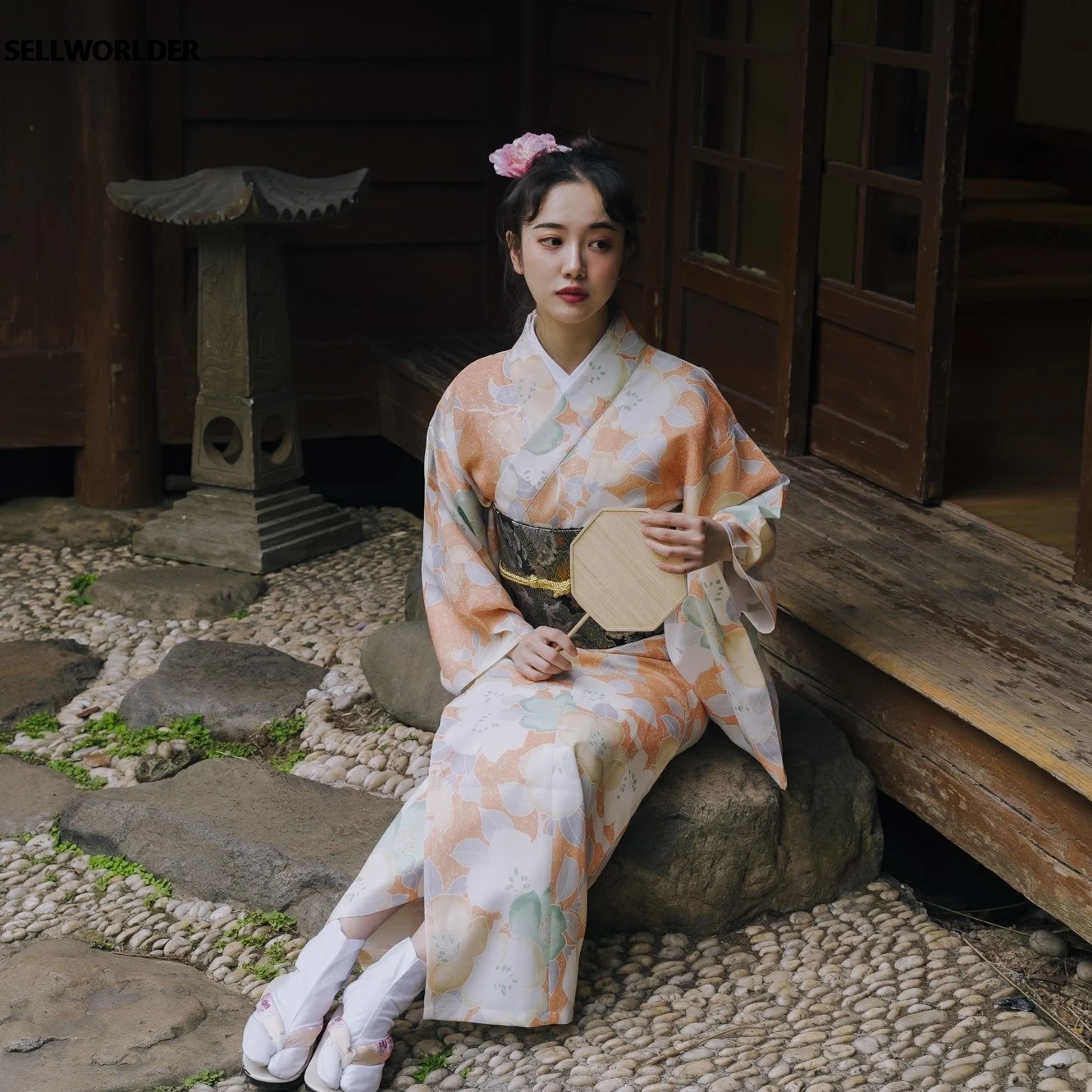 

2020 retro Japanese Kimono Style yukata Girl Autumn dress Woman Flower Bloom print splice Long Dress with handbag
