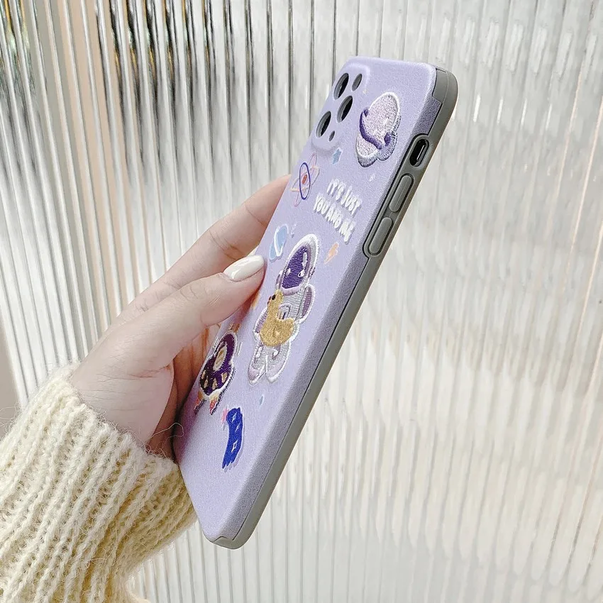 

Cartoon Planet Space Leather Embroidery Soft PU Phone Case for iphone 11 12 Pro Max Mini X XR Xs 7 8 Plus Purple Silicone Cover