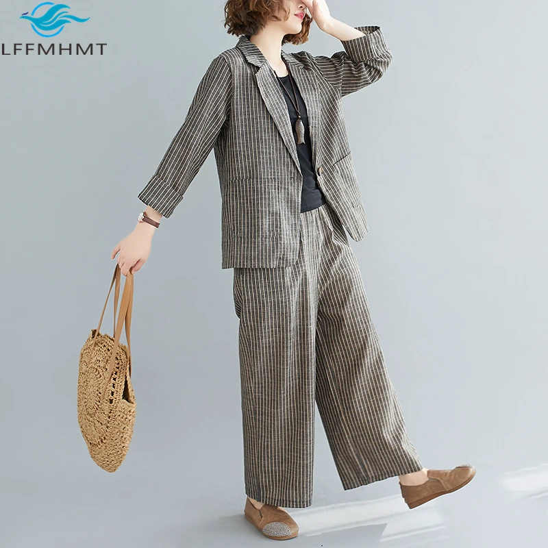 

Костюм женский в полоску, Модный классический облегающий деловой костюм из хлопка и льна в Корейском стиле, повседневный элегантный костюм-...