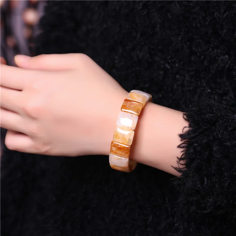 

Natural Yellow Glue Flower Crystal Rectangular Bead Bracelet Bangle Charm Power Stone Jewelry Women's Reiki Elastic Bracelet