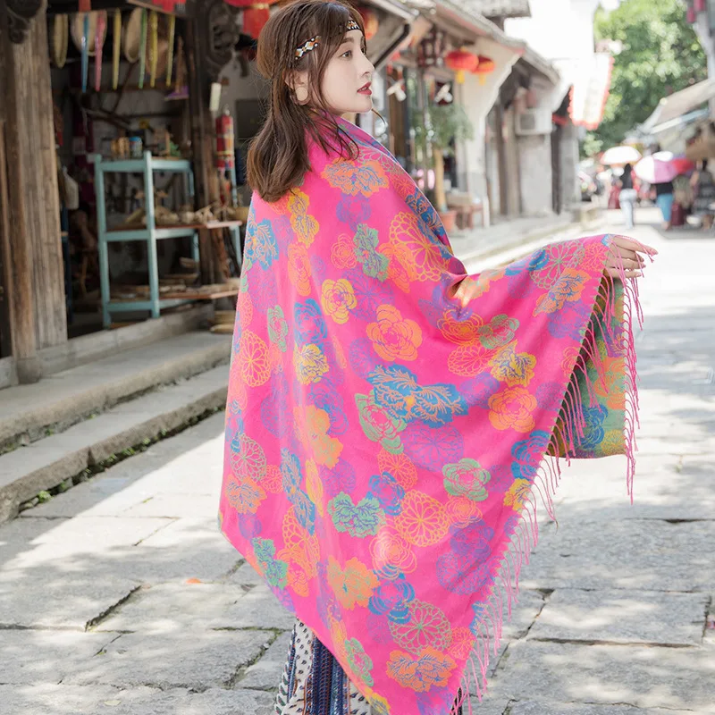 

Модный женский жаккардовый кашемировый теплый зимний шарф, шали в ретро-этническом стиле, женский шарф из пашмины, большой размер 70*200 см