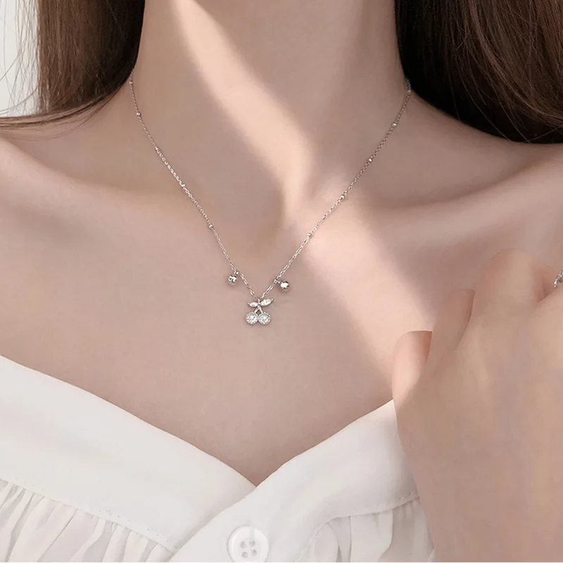 

100% 925 Sterling Silver Crystal Tassel Cherry Charm Pendant Necklace For Women choker collares Wedding Party Jewelry Gift