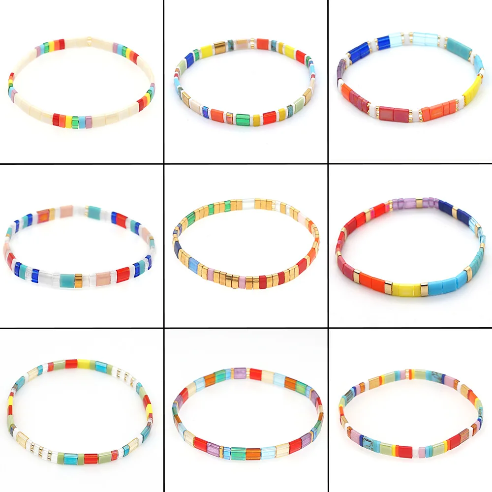 

Minar Bohemian Rainbow Beaded Bracelets for Women Summer Beach Gold Coloured Glass Beads Elastic Bracelet Holiday Jewelry 2021