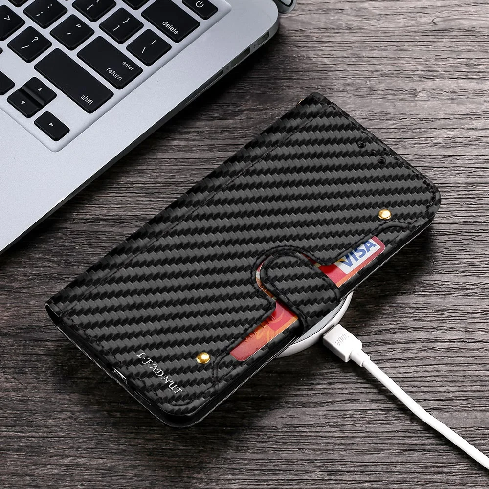 LAPOPNUT премиум черный кожаный чехол из углеродного волокна с откидной крышкой для