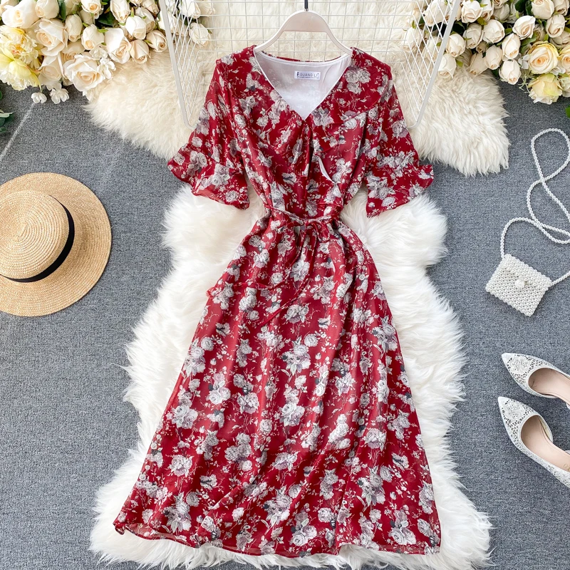Женское элегантное платье с рюшами и v-образным вырезом в стиле ретро весна-лето