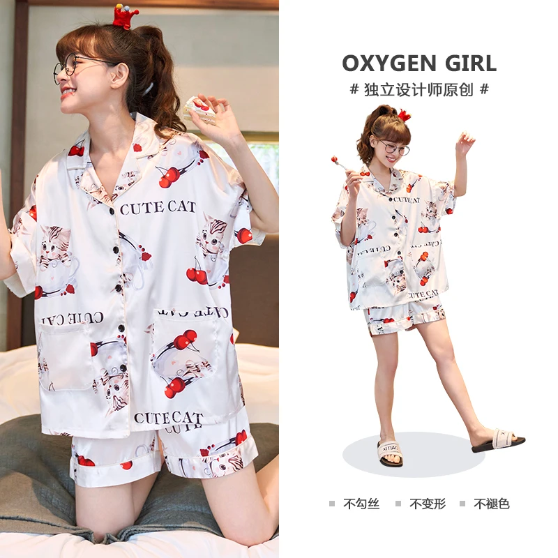 Summer Pajamas Women Sleepwear Cartoon Pajama Loose Version Set Silk Short Sleeved Shorts Suit Plus Size XXXL