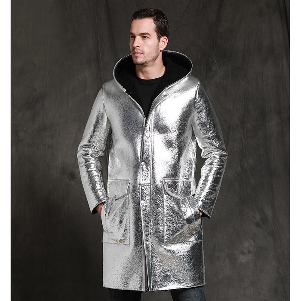 

Silver Sheepskin Fur Shearling Long Slim Warm Real Sheepskin Coat Men Winter Hooded Genuine Leather Clothing