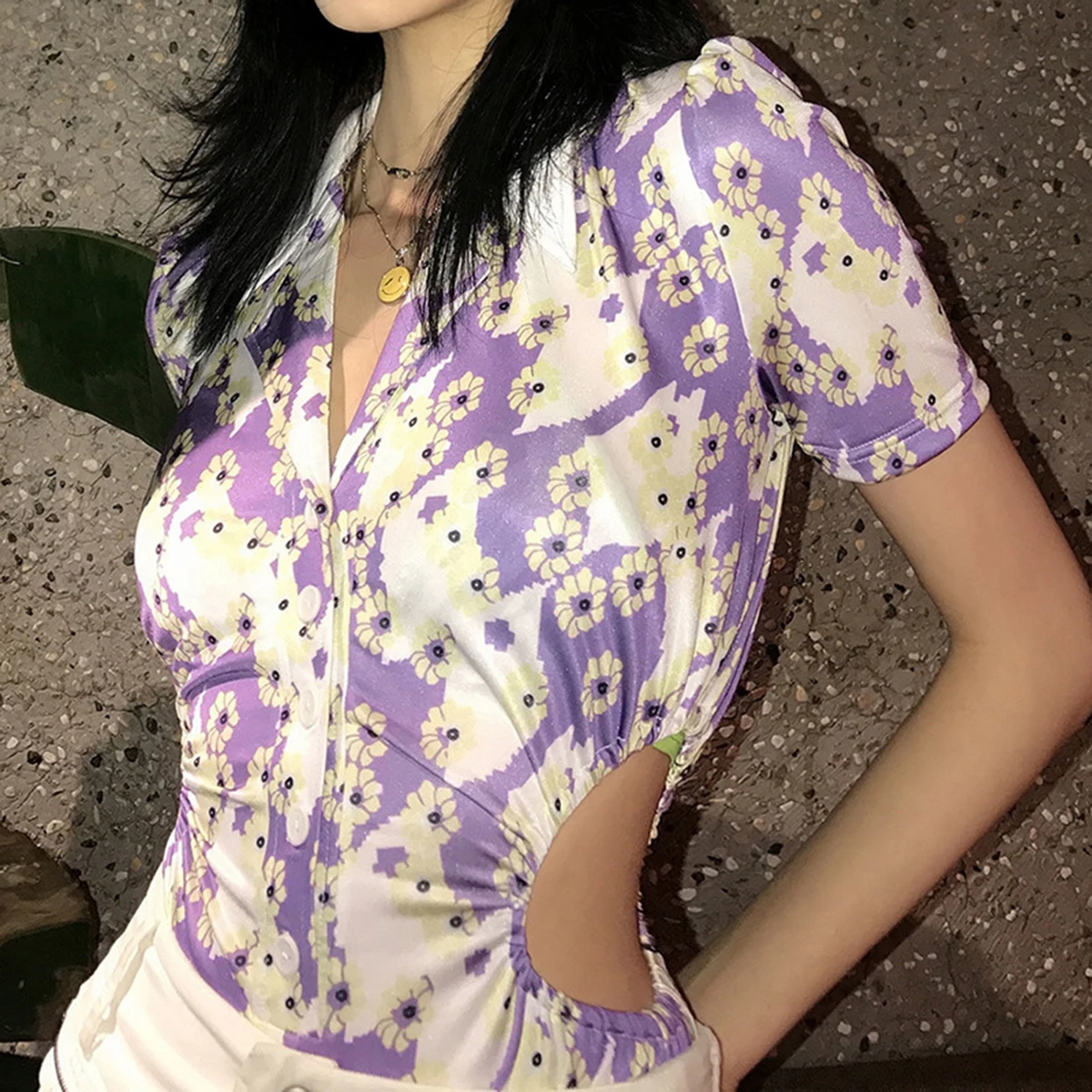 

Tops Sexy Waist Hollow V-neck Body Shirt Floral Kpop Fashion Outfits For Woman Bodysuit Elegant Sweet Party Street Summer