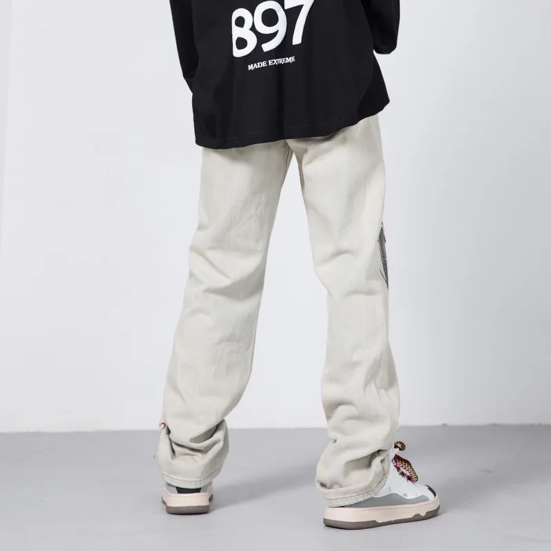 2021 New Arrival Letter Embroidery Retro Washed Men Baggy Jeans Trousers Khaki Hip Hop Straight Punk Vintage Casual Denim Pants