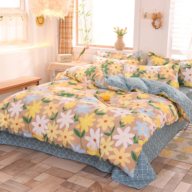 

Jeefttby Home Textiles King Queen Twin Bed Set Girl Kid Teen Bedding Set Green Leaf Duvet Quilt Cover Pillowcase Flat Bed Sheet