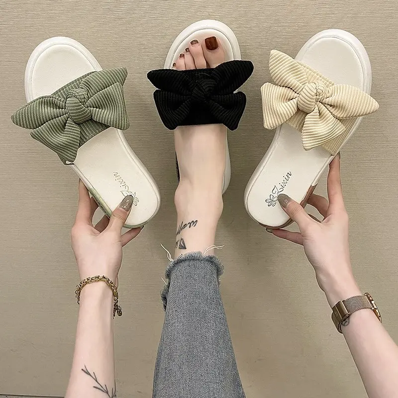 

Shoes Womens Slippers Outdoor Butterfly-Knot Low Pantofle Slides Platform Fashion Summer Flat 2021 Luxury Cotton Fabric Bonded L