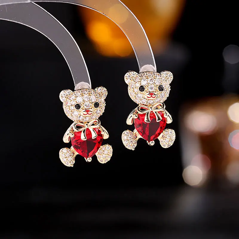 

Teddy Bear with Heart Stud Earrings for Women Kawaii Animal Earrings Korean Wedding Jewelry Birthday Gift for Her Dropshipping
