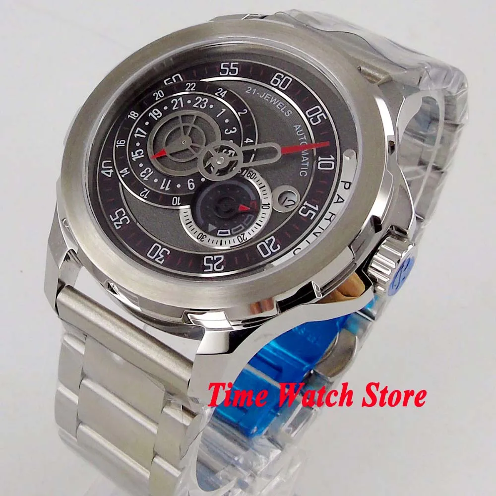 

Винтаж 44 мм Parnis 10ATM Япония Miyota автоматический мужской часы с сапфировым стеклом 24 часа двойной дисплей времени и даты водонепроницаемый