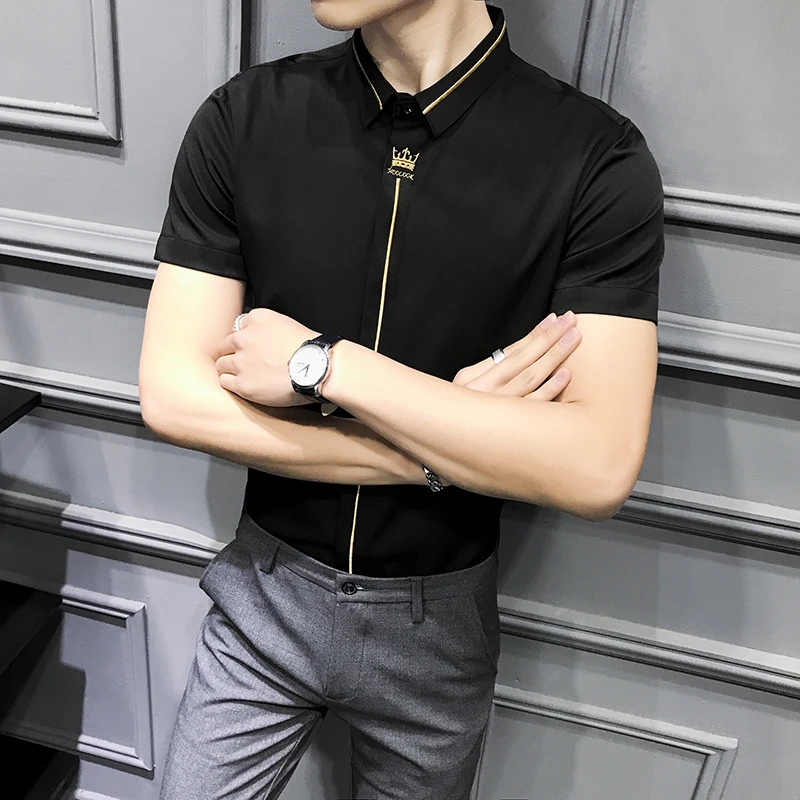 Мужская Облегающая рубашка с коротким рукавом черная/белая под смокинг