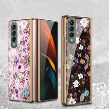 Z Fold 3 Funda Flip Case for Samsung Galaxy Z Fold 3 Z Fold 2 Z Flip 3 Small Floral Pattern Plating Tempered Glass Case Cover