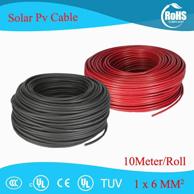 

10 Meters Roll 6mm2 (10AWG) Solar Cable Red or Black PV Wire Copper Conductor XLPE Jacket TUV Certifiction