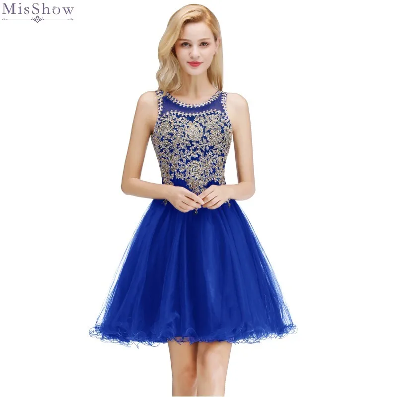 

Cocktail Dresses Knee Length 2019 sexy Royal Blue Tulle Short Formal Party Gown Lace Applique Sleeveless robe coctail