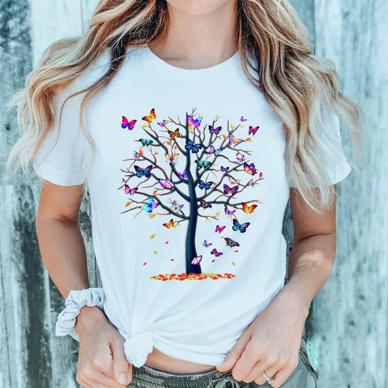 

Woman Butterfly Tree Print Harajuku Summer Tshirts Casual Round Neck Short Slee Top Tee Shirt Female T-shirt S-5XL