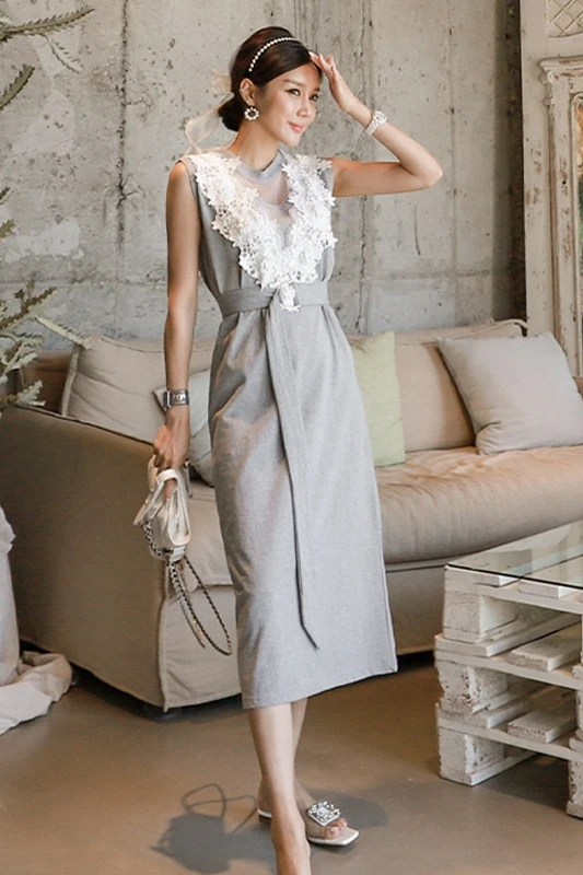 

COIGARSAM Casual Patchwork Women dress New Summer High Waist Dresses Gray 7185