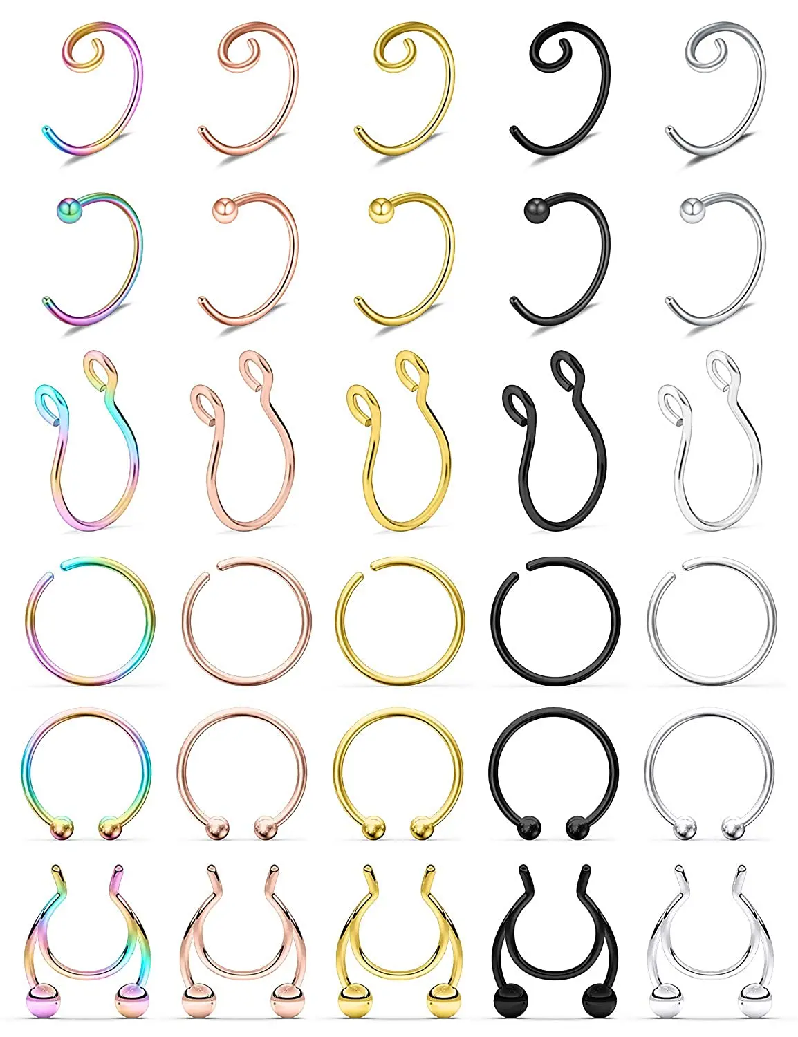 

30Pcs Fake Septum Piering Nose Hoop Rings Faux Lip Ear Nose Septum Ring Non Piercing Clip On Nose Hoop Rings Body Jewelry