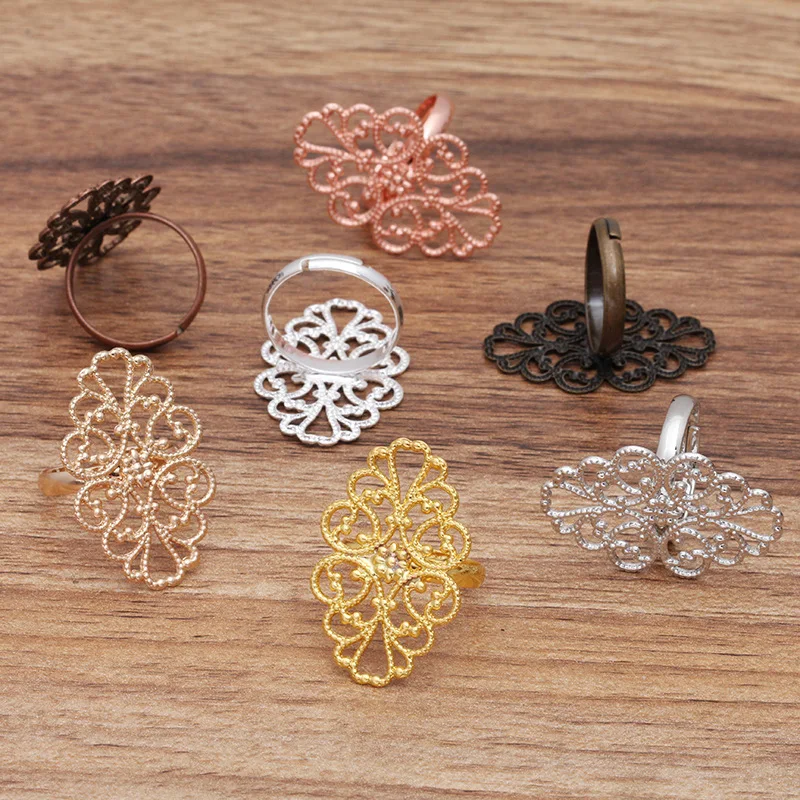 200pcs Women Copper Adjustable Ring Settings Blanks with Filigree Flowers Charms Ring Base DIY Jewelry Making Findings Supplies