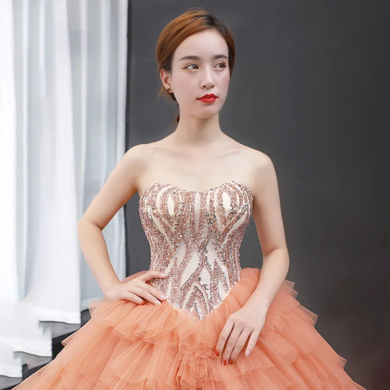 J66934 Jancember Orange Formal Dresses Evening Cake 2021 Strapless Sleeveless Lace Up Back Ball Gown