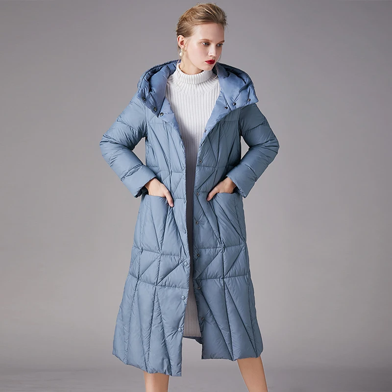Blue Women Haze Winter Coat Color 90% White Duck Down Hooded Slim Warm Outwear Office Lady Long Wide-Waisted Female Parkas