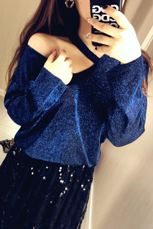 

Summer 2021 Shiny Sexy Off Shoulder Women T Shirt Loose Thin Blue Knitwear Female Long Sleeve V Neck Plus Size Shirt