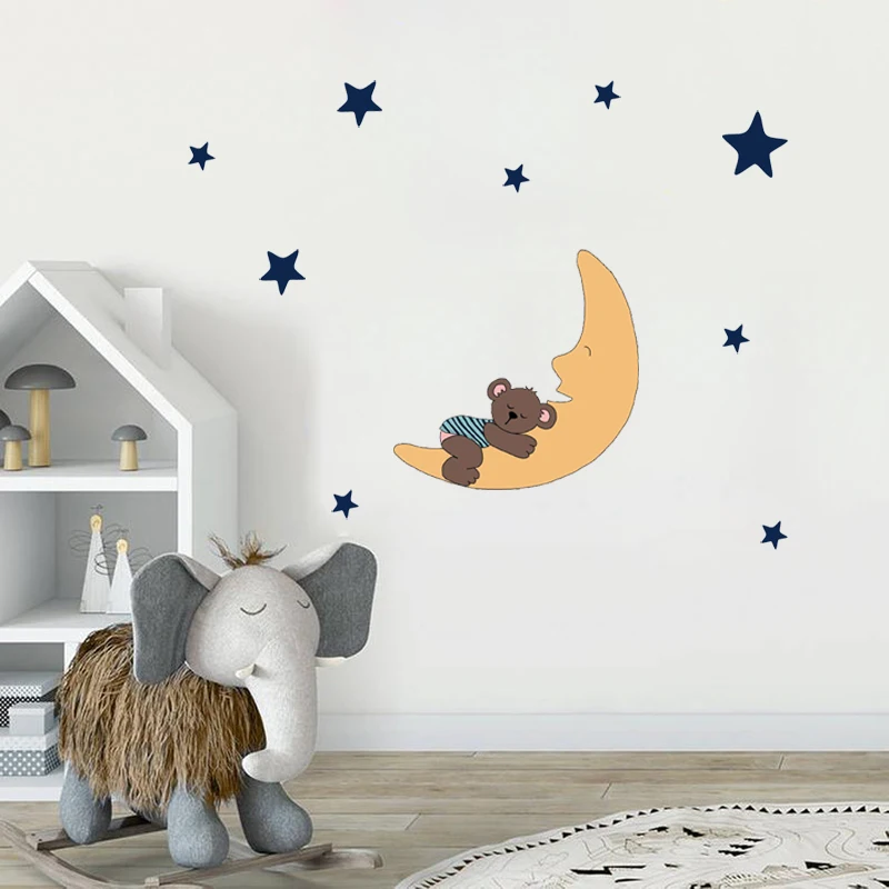 Милый спящий медведь и луна звезды Наклейка на стену для детской комнаты детская