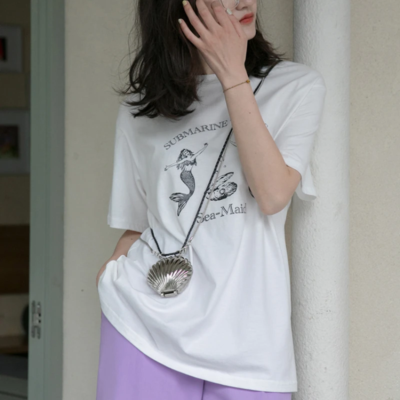 

2021 Summer Mermaid Print Short-sleeved T-shirt New Loose Round Neck Simple Casual Women T-shirt Soft Fashion Graphic T-Shirts