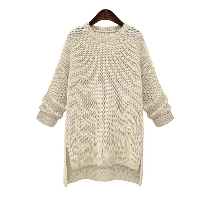 

Spring/Autumn/Winter Long Sweater Hem Split Loose O-neck Long Sleeve Knitted Pullover Casual Lazy Long Woman Sweater Dress