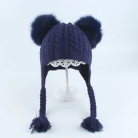 girl hat winter earflap two real fox pompom angora knit beanie autumn skiing outdoor accessory