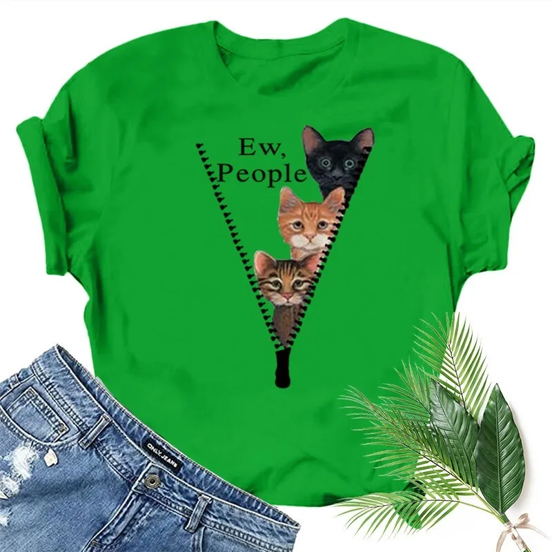 

EW PEOPLE Zipper Cat Print Women T Shirt Short Sleeve O Neck Loose Women Tshirt Ladies Fashion Tee Shirt Tops Clothes Mujer