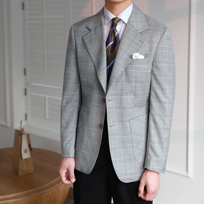 

Chaqueta Hombre Formal Blazer Men Business Grey Lattice Dress Coat Fashion High Quality Blazer Masculino Slim Men Blazer Vintage