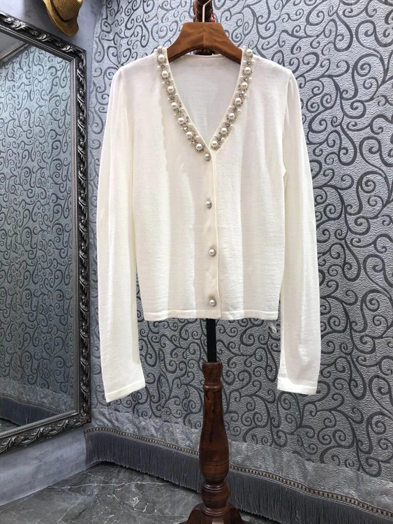 

2021 new women fashion V-neckline bead stitching button long-sleeved knitted cardigan top 809