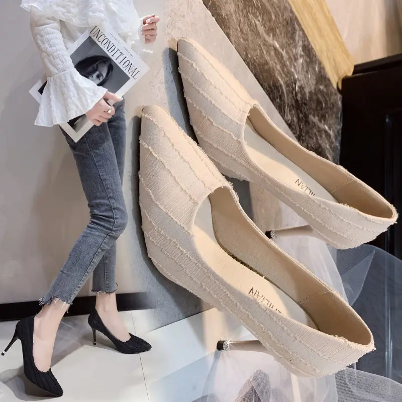 Women's Shoes 2020 New Net Celebrity High Heels Stiletto Pointed Shallow Mouth Wild Fairy Style Black Single Women | Обувь