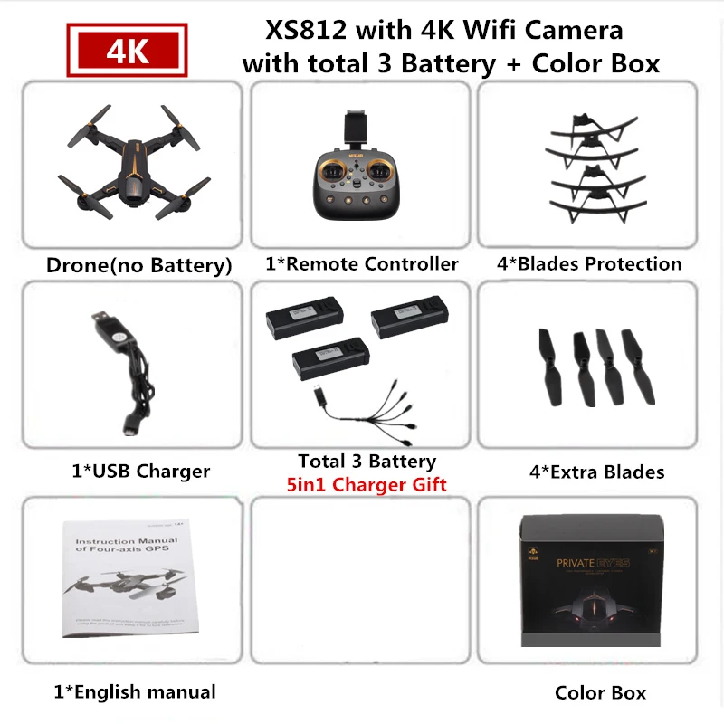 4K 3B Color Box VISUO XS812 Радиоуправляемый gps Дрон с камерой 4K HD 5G wifi удержание высоты Радиоуправляемый Дрон gps Квадрокоптер Радиоуправляемый вертолет VS SG900-S SJRC Z5 Дрон - Цвет: 4K 3B Color Box
