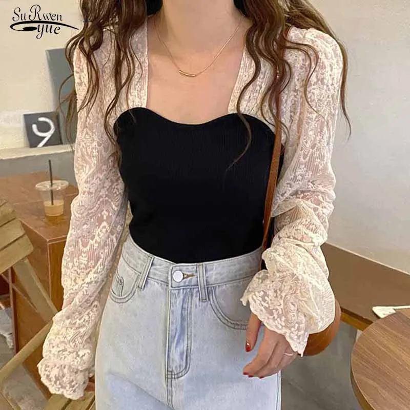 

Autumn Knitted Vintage Shirt Lace Blouse Women Square Collar Embroidered Fashion Woman Top Crochet Flower Blusas Elegant 17011
