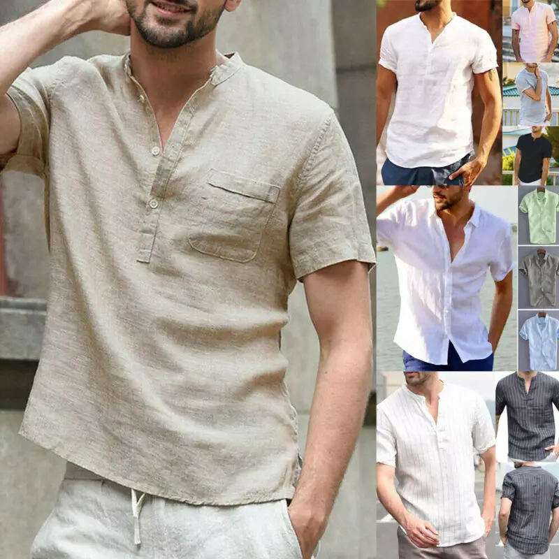 Мужская повседневная льняная рубашка летняя свободная Однотонная с короткими