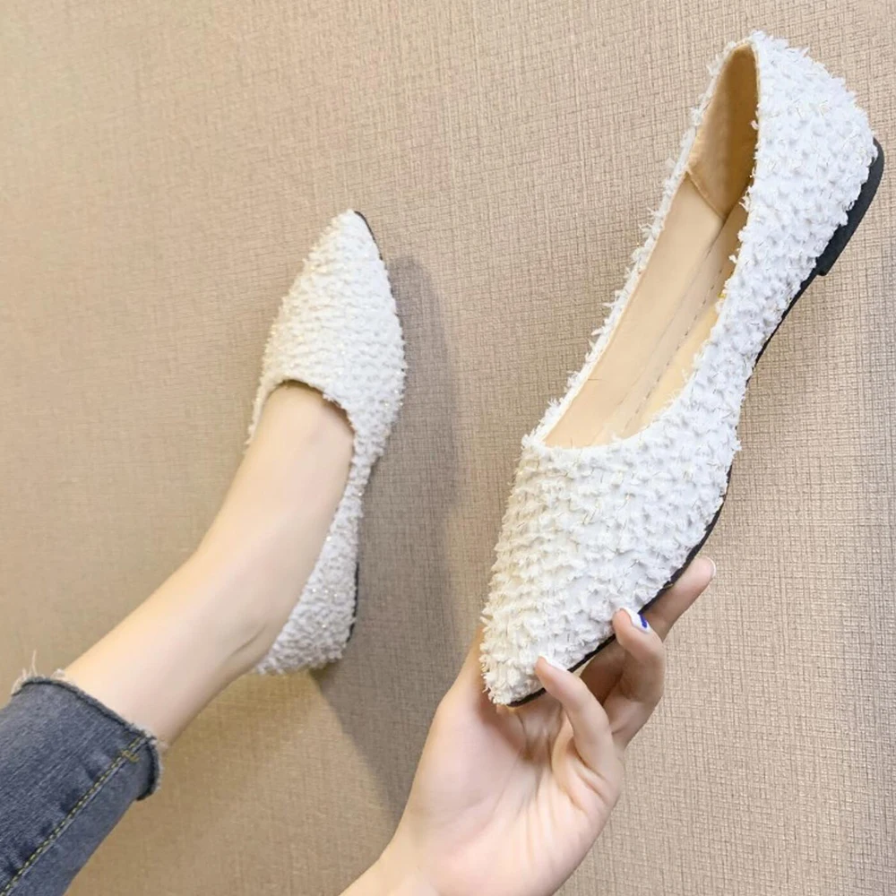 

Women Flat Platform Shoes Faux Fur Insole Toe Silver Heels Basic Pumps Low Heels Ballet Dancing Shoe