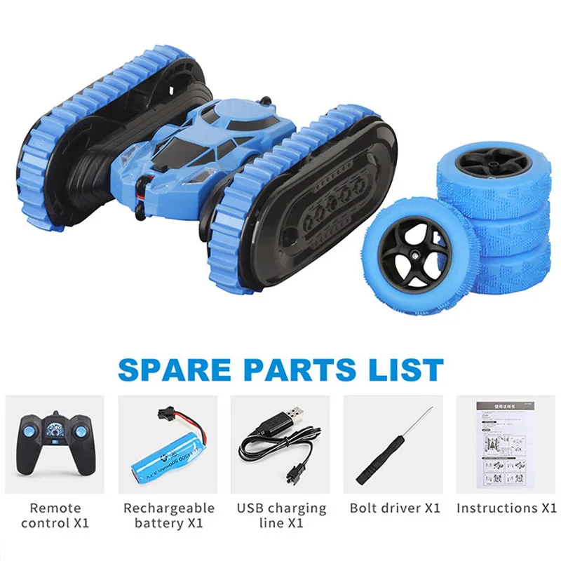 

2 in 1 remote control car with 360 rotation function. Deformed double-sided trolley. Tracked trolley with radio remote control.