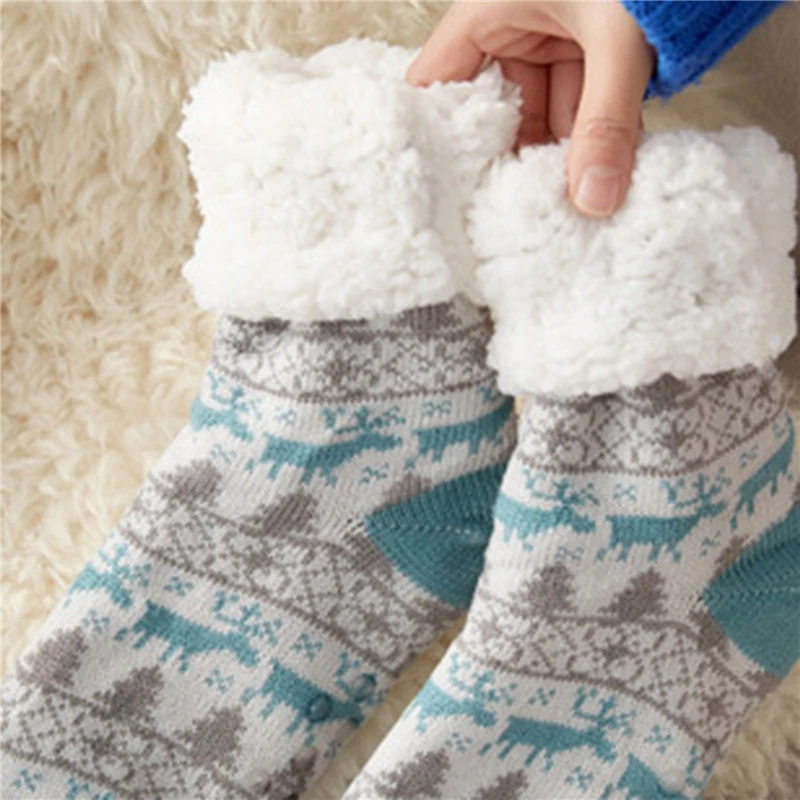 

Autumn Winter Women Slippers Home Socks Christmas Cartoon Elk Floor Socks Plush Velvet Non-slip Carpet Fluffy Warm Socks