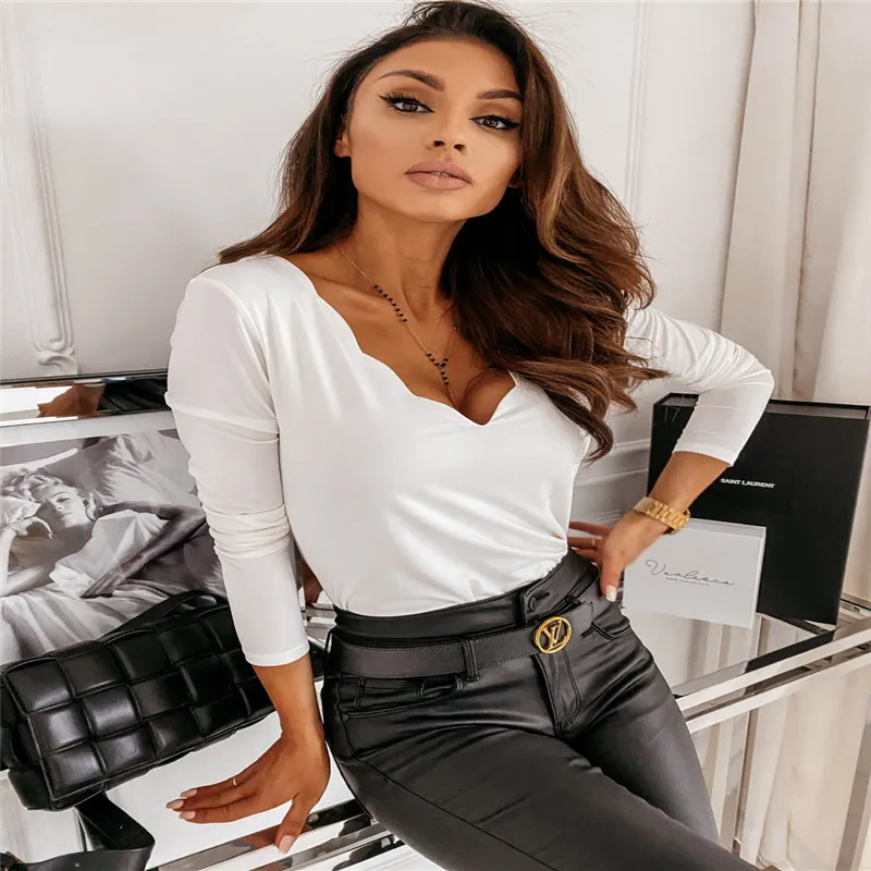 

2021 Hot Solid Color Women V-neck Shirt Simple Style Blouse Fashion Spring Autumn Clothes For Girls Drop Shipping