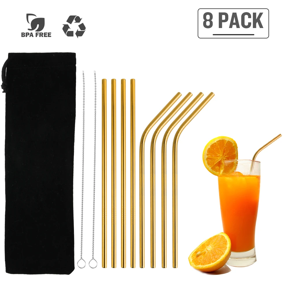 8Pcs-Gold Эко-дружественных соломинкой многоразовые Нержавеющая сталь металлическая соломинка Управление по санитарному надзору за качеством пищевых продуктов и медикаментов-одобренный Bpa с щеточка для чистки Портативный мешок 3/8/14 шт - Цвет: 8Pcs-Gold
